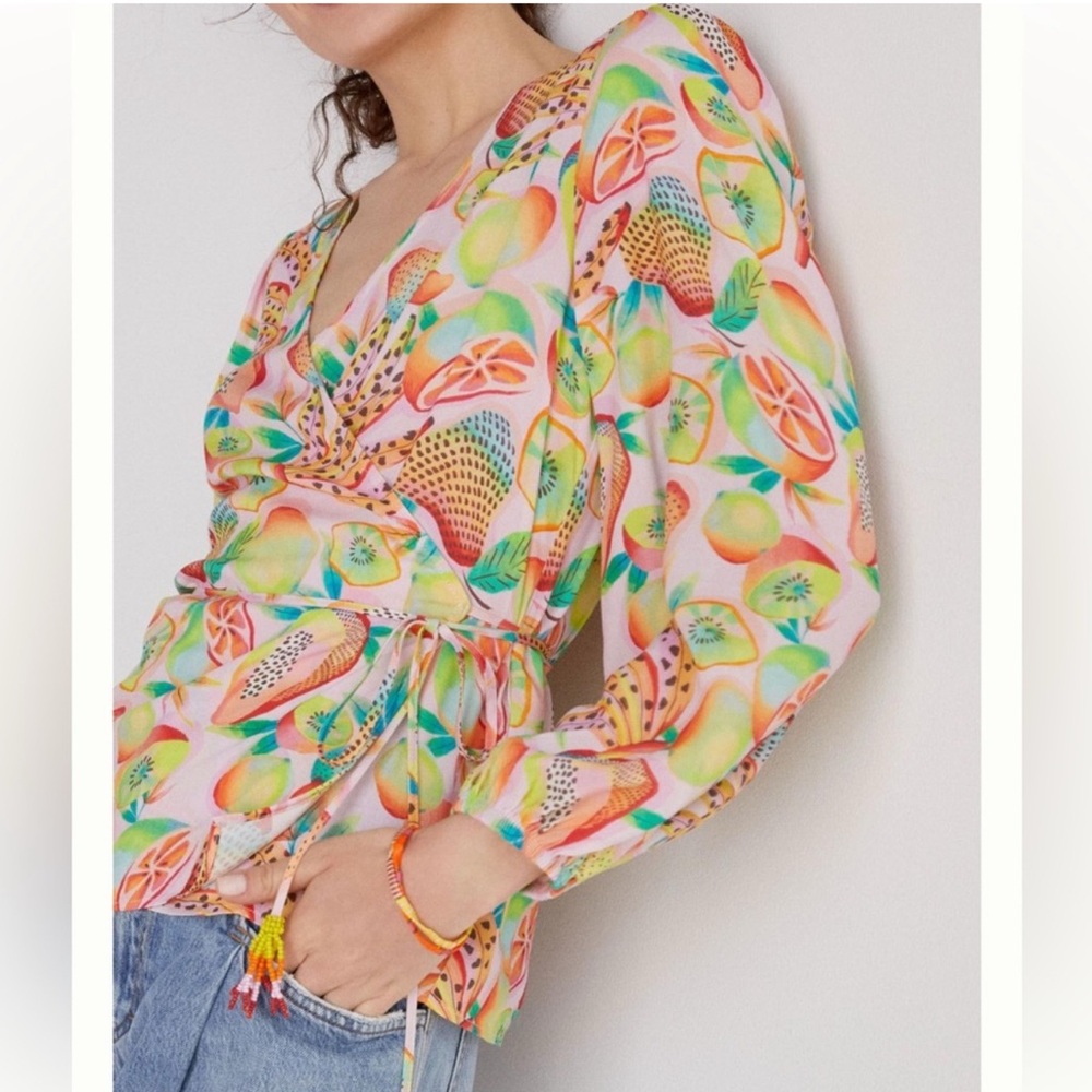 Farm Rio Anthropologie Rainforest Boho Colorful Wrap Blouse Beaded Ties Size XS - Picture 10 of 10